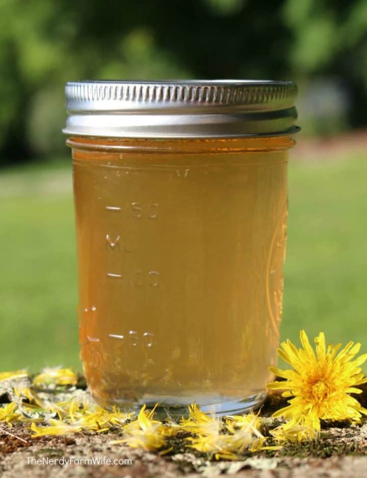 A wooden table showcasing a jar of dandelion syrup.