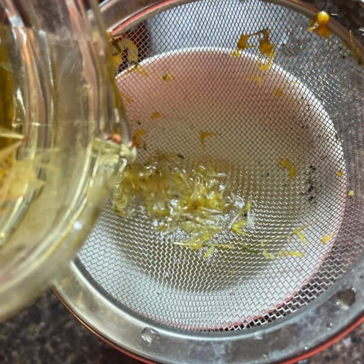 A strainer filled with petals of dandelion flowers.