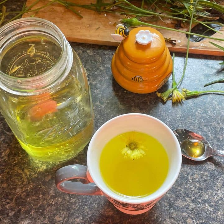 Dandelion tea in a cup and in a jar.