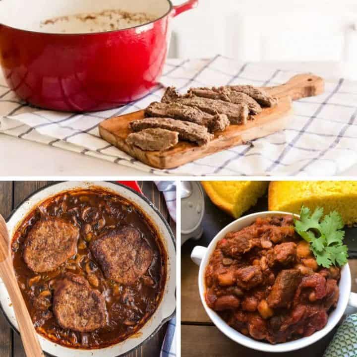 Square collage of steak recipes in a Dutch oven.