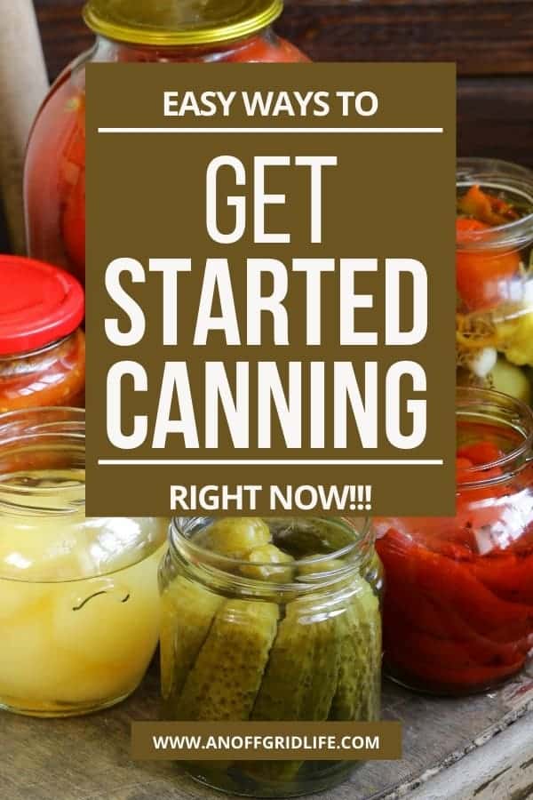 Get Started Canning Right Now - text overlay on canned pickles, onions and other vegetables in jars.
