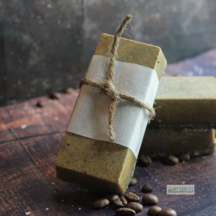 Two bars of homemade gardeners soap tied with paper and twine