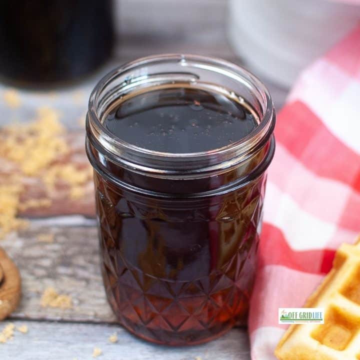 Homemade pancake syrup recipe in glass jar.