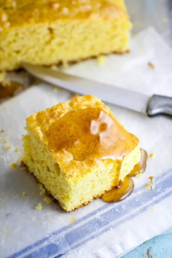 maple cornbread drizzled with syrup