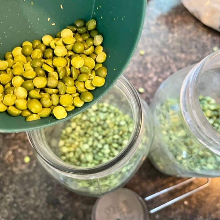Adding split peas to mason jars on a counter.