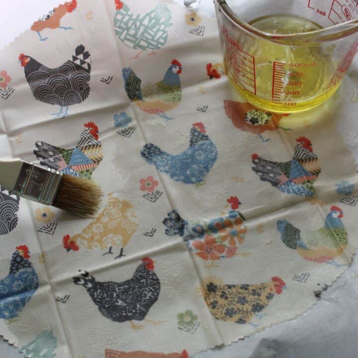 melted beeswax in jar, brush, and fabric for wraps