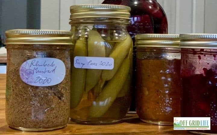 4 ball mason jars with different preservatives and golden lids.