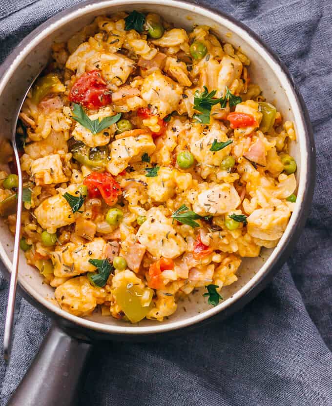 Chicken and rice prepared in a skillet.