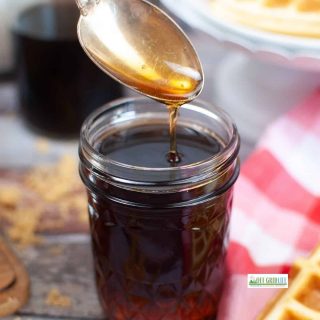 Pancake syrup in glass jar.