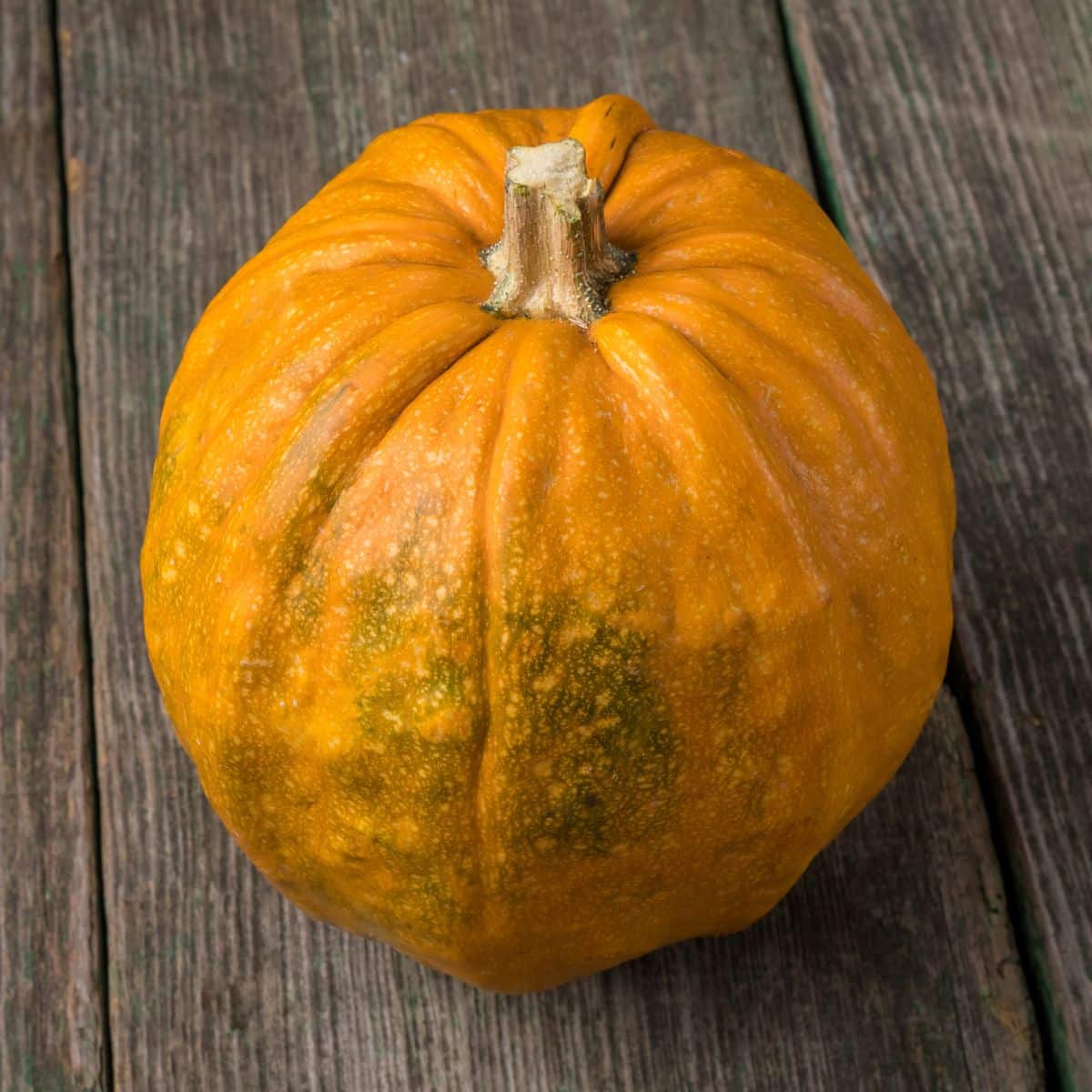 A pumpkin sits on a wooden table.