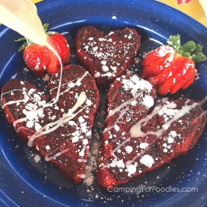 red velvet french toast on camping plates