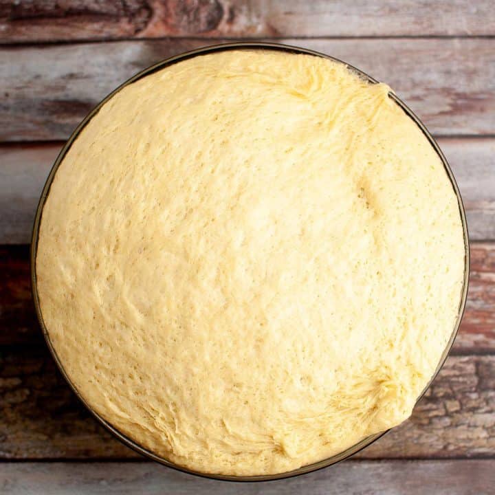 Sourdough donut dough rising in a round pan viewed from above.