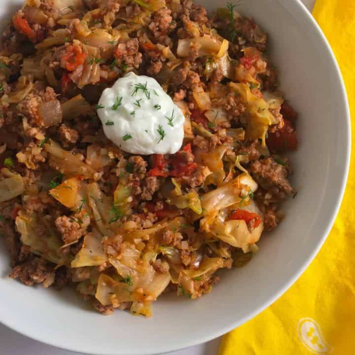 unstuffed cabbage roll casserole in white bowl